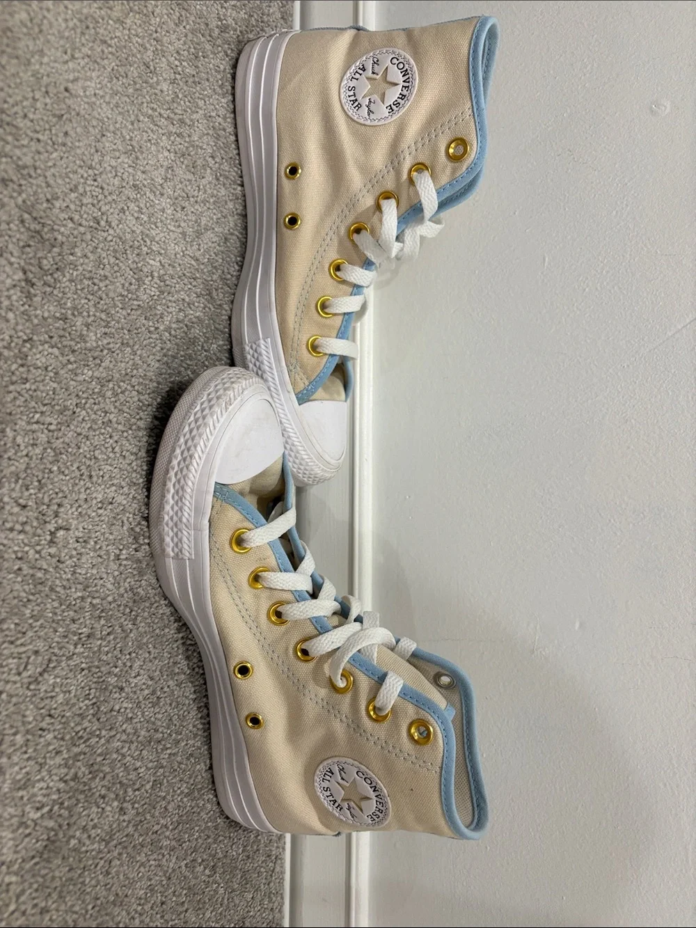 Converse Cream High-Top Sneakers with Light Blue Trim and Gold hardware (no box)